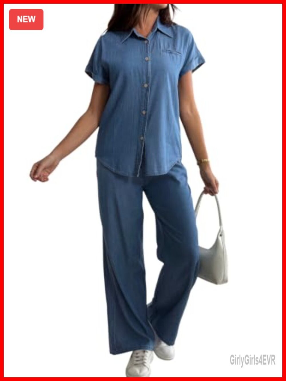 Lightweight Lyocell 2 Piece Denim Pant Set Button Down Shirt Wide Leg